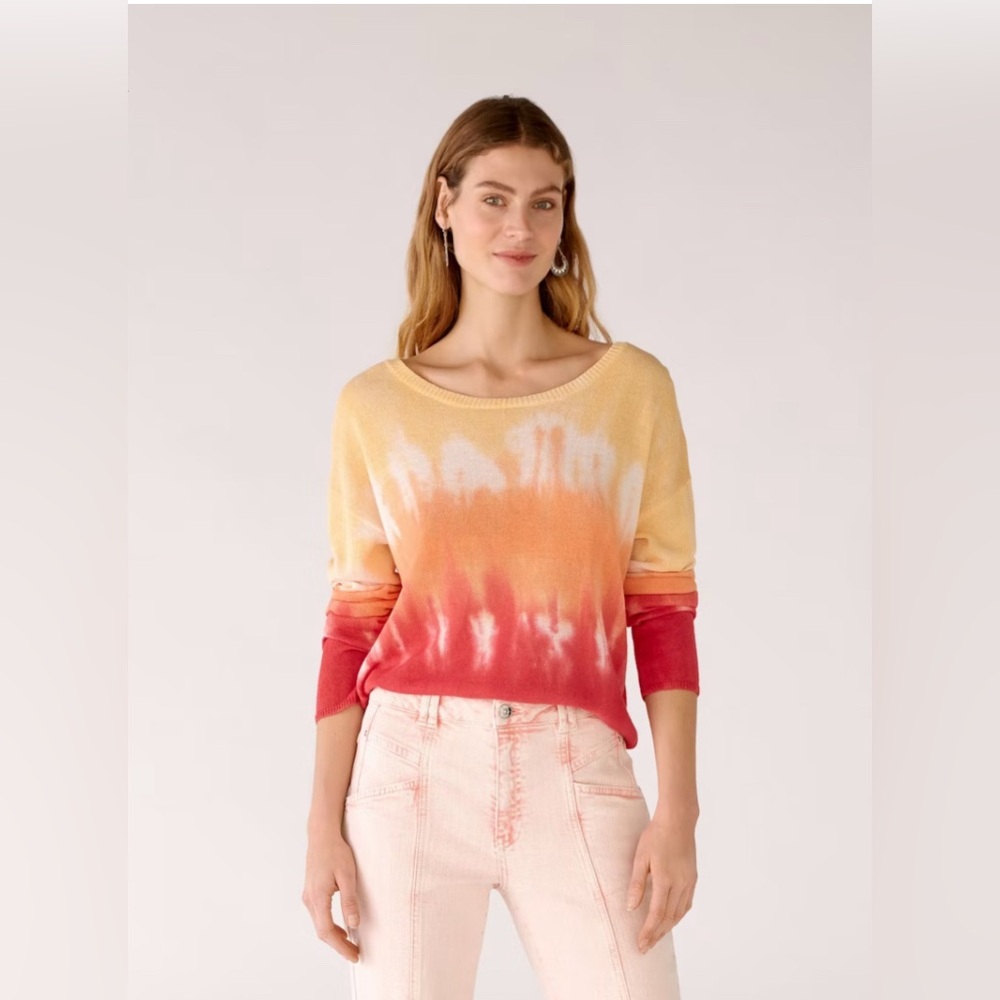 NWT Oui pink orange and white linen blend tie dye long sleeved crew neck sweater